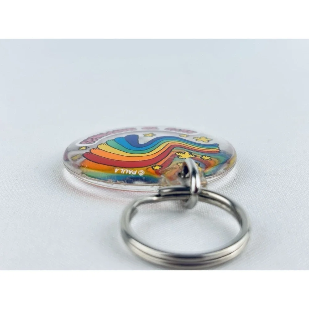 Vintage‎ Keys To Happiness Rainbow Stars Acrylic Round Keychain Key Ring